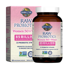 Garden of Life Raw Probiotics Women 50 & Wiser bottle showing 90 capsules for gut and immune support