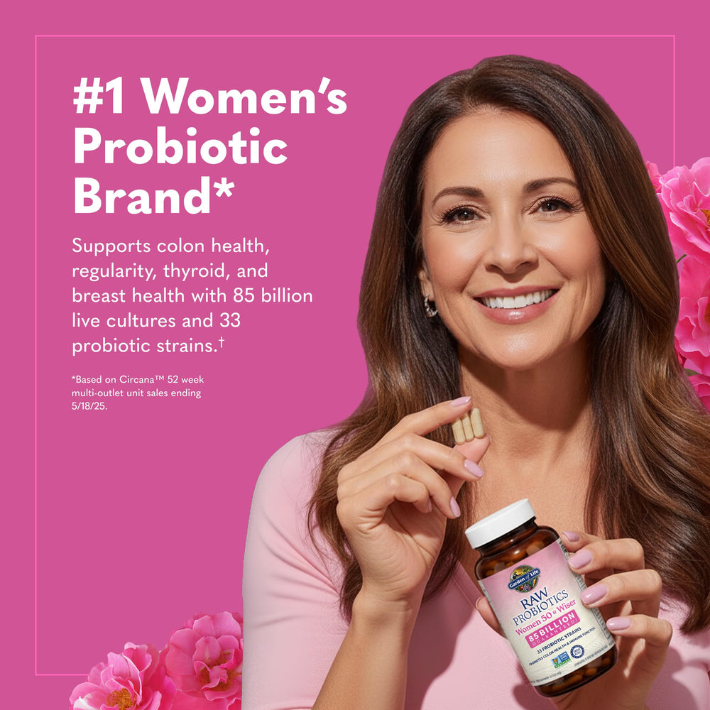Close-up of Garden of Life Raw Probiotics Women 50 & Wiser capsules for gut balance