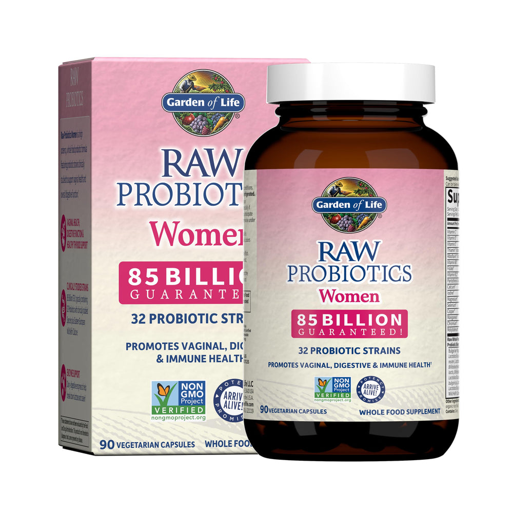 Garden of Life Raw Probiotics Women bottle shows 85 billion cultures per serving for gut balance.