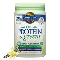 Garden of Life Raw Protein & Greens vanilla tub showing protein blend for post-workout recovery