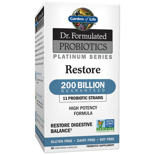 Garden of Life Restore bottle front with 200B CFU highlight and label details