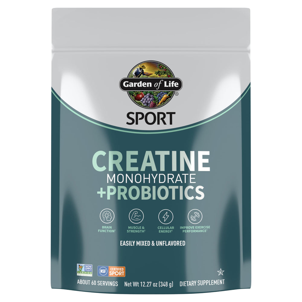 Garden of Life SPORT Creatine bottle shows 5 g per serving for muscle support.