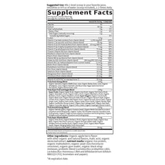 Garden of Life Sport Greens Apple Berry ingredients panel, listing 23 greens and 8 super fruits.