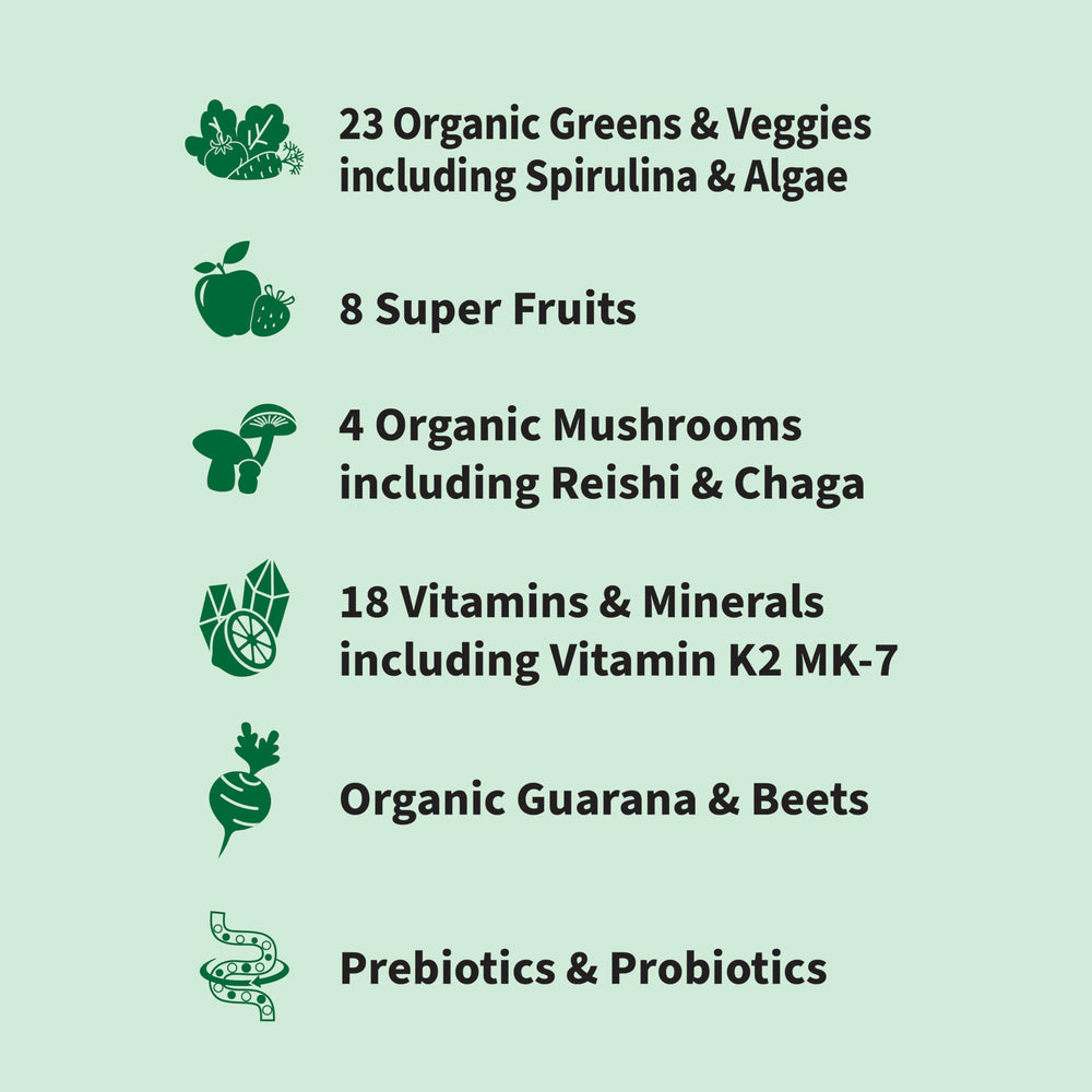 Garden of Life Sport Greens Apple Berry powder scoop, ready to mix into a smoothie.