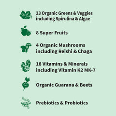 Garden of Life Sport Greens Apple Berry tub label, highlighting organic certifications and natural ingredients.
