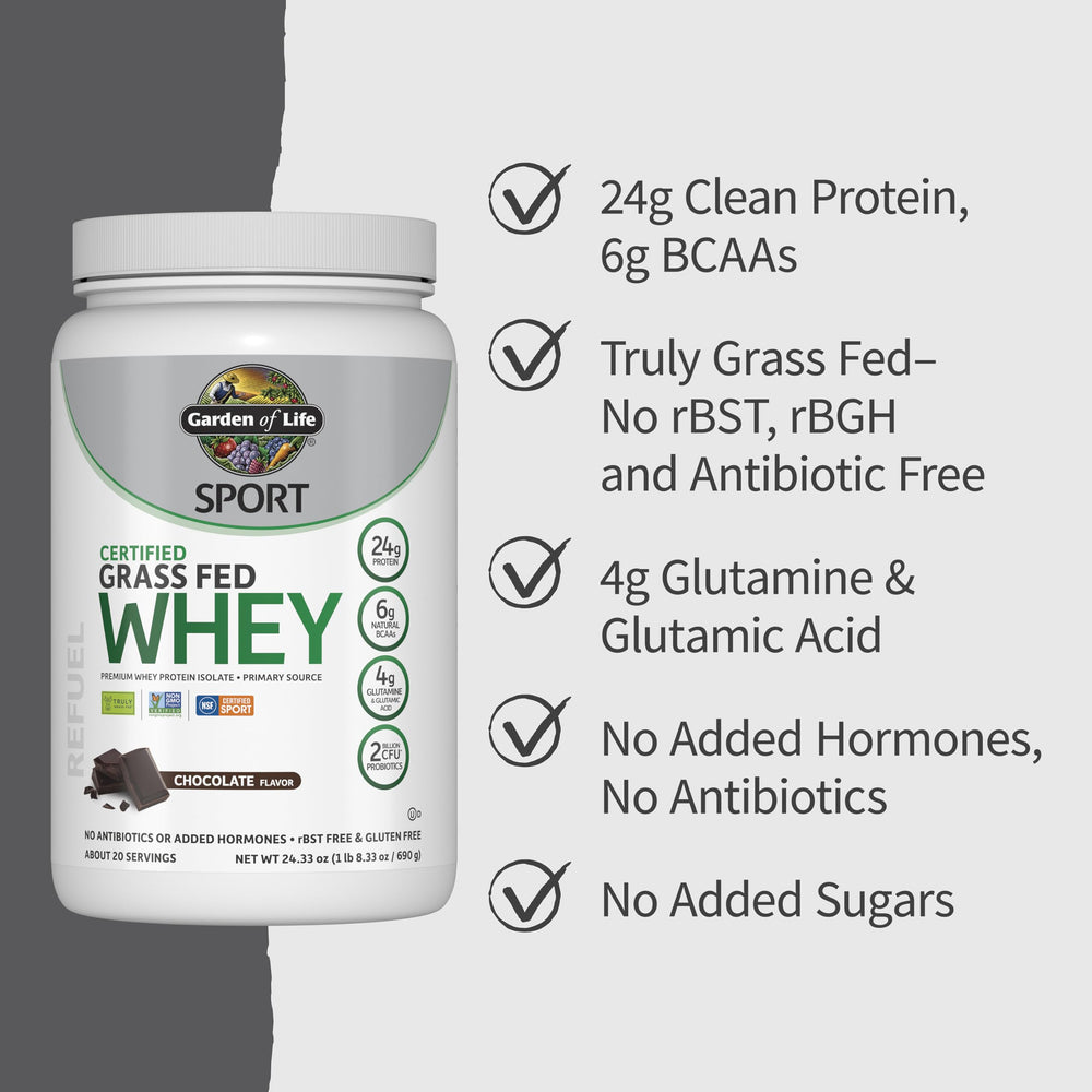 Garden of Life SPORT whey chocolate label highlighting certifications