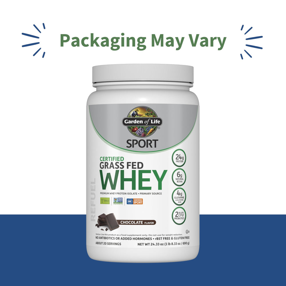 Garden of Life SPORT whey chocolate being poured for a shake