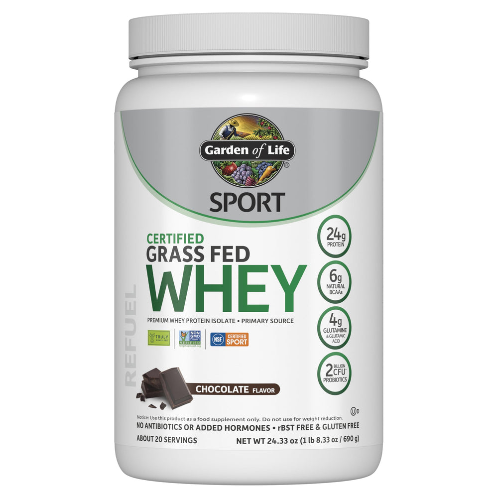 Garden of Life SPORT whey chocolate tub shows grass-fed protein with probiotics
