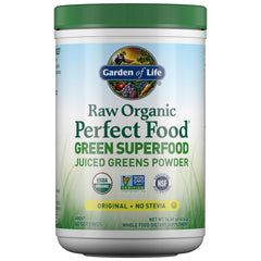 Garden of Life Super Greens powder bottle shows organic greens for daily energy.