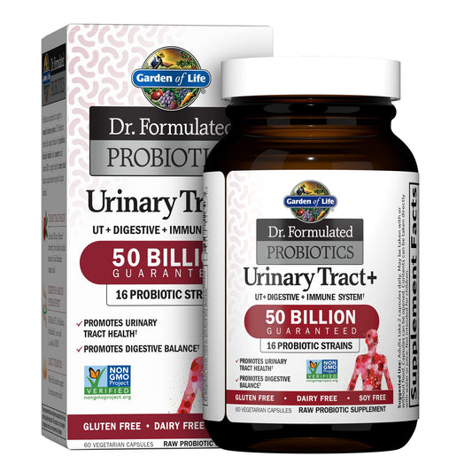Garden of Life Urinary Tract+ bottle showcases 50 Billion CFU probiotic blend for gut support