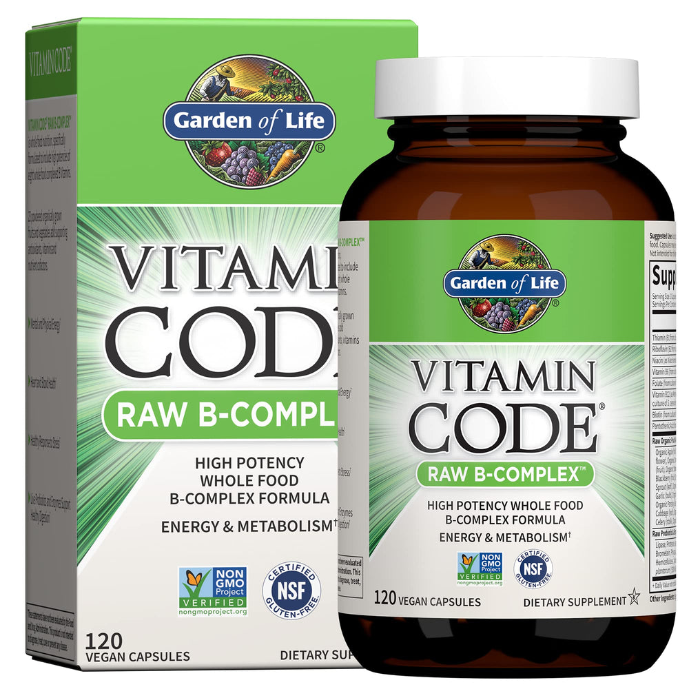 Garden of Life Vitamin B Complex bottle highlighting high-potency B vitamins and probiotic blend for day-to-day energy