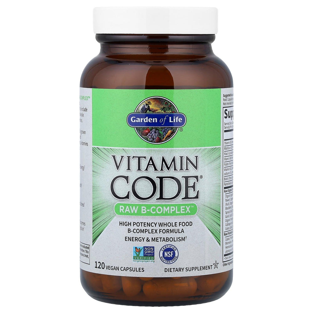 Garden of Life Vitamin B Complex label emphasizing folate and methylcobalamin B12
