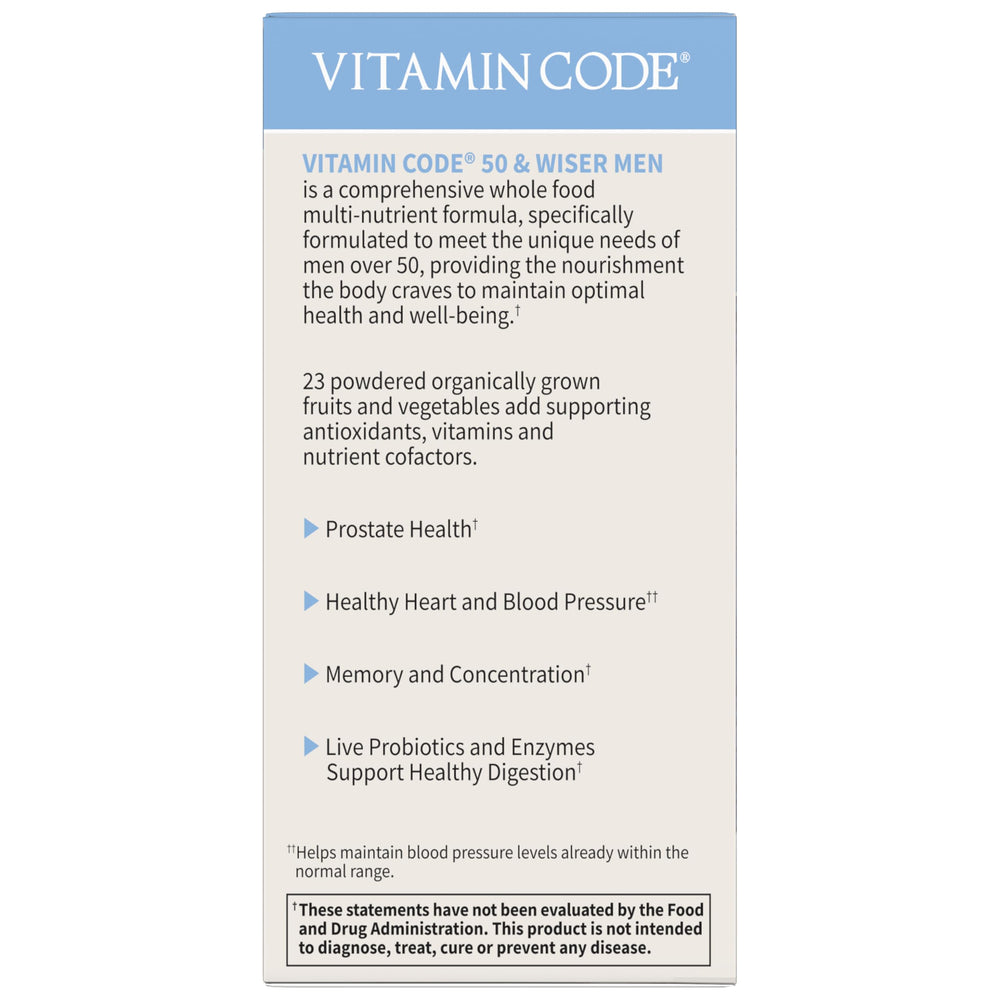 Garden of Life Vitamin Code 50 & Wiser daily-use capsule size for mornings.