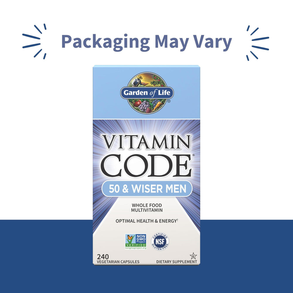 Garden of Life Vitamin Code 50 & Wiser label closeup highlights key nutrients.