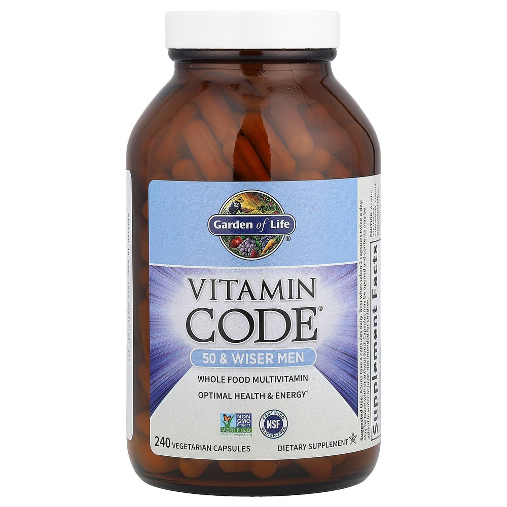 Garden of Life Vitamin Code 50 & Wiser raw fruits and vegetables reflect whole-food blend.