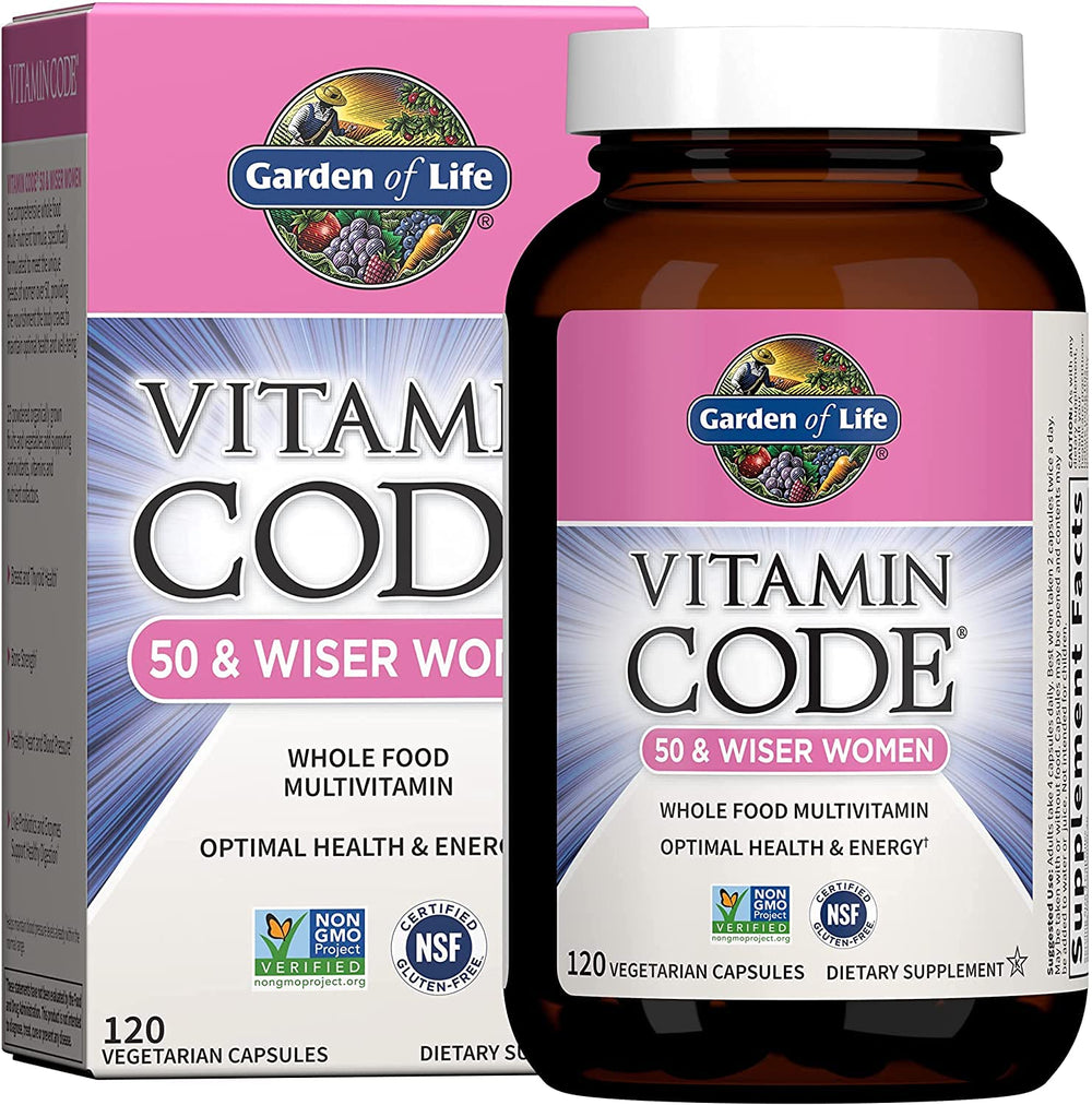 Garden of Life Vitamin Code 50 & Wiser Women bottle front, whole-food multivitamin for women 50+