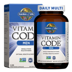 Garden of Life Vitamin Code Men bottle cap open, ready-to-take daily multivitamin.