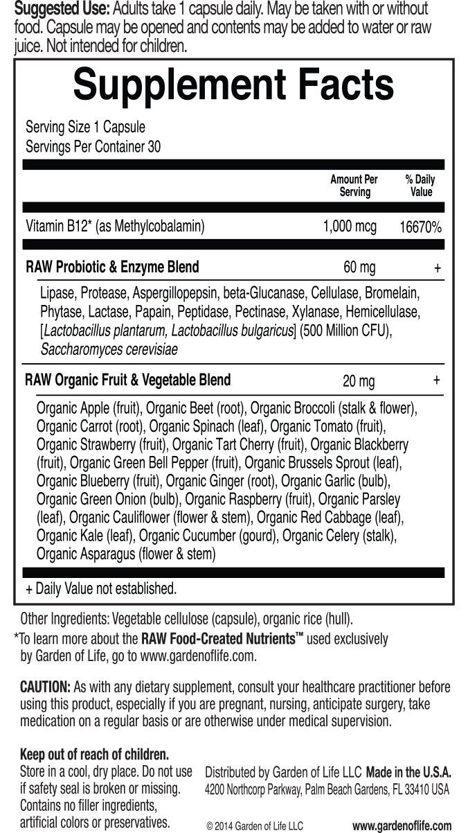 Garden of Life RAW B-12 capsules illustration highlights vegetarian capsules for energy and nutrient delivery