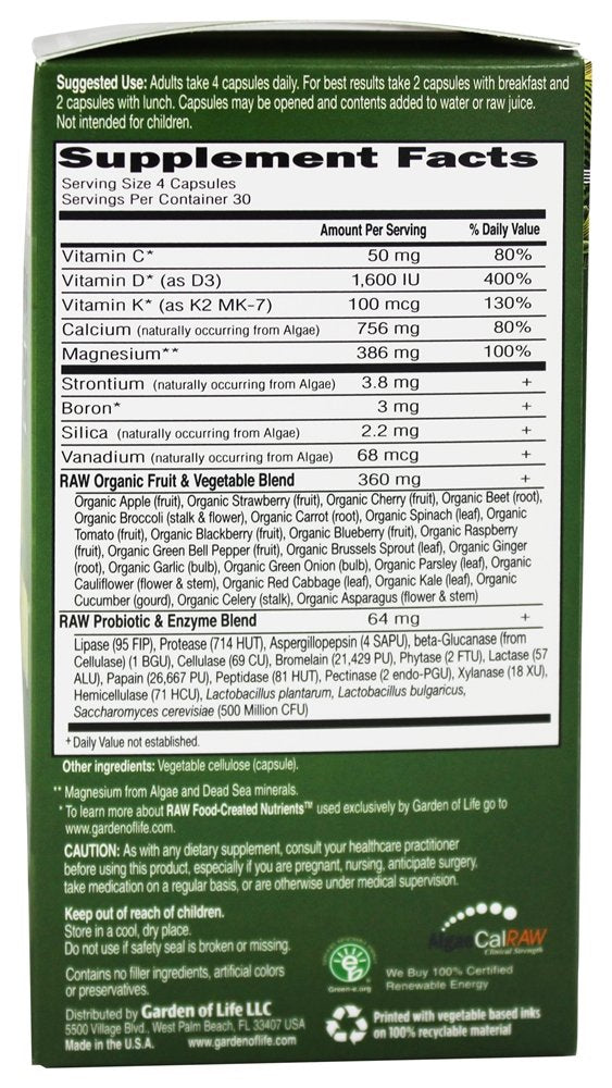 Garden of Life Vitamin Code RAW Calcium capsules show plant-based calcium for daily support.