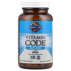 Garden of Life Vitamin Code RAW ONE for Men capsules on a surface ready for daily intake