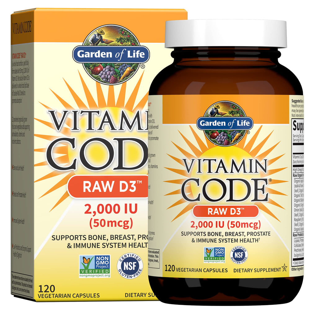 Garden of Life Vitamin D3 2000 IU bottle for daily bone and immune support.