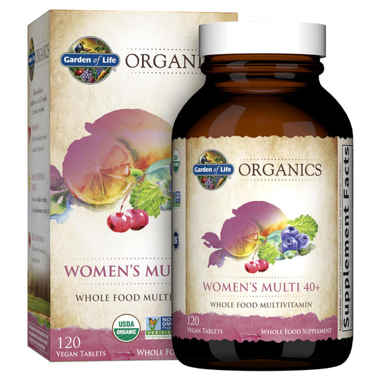 Garden of Life Women 40+ bottle highlights daily vegan multivitamin for sustained energy