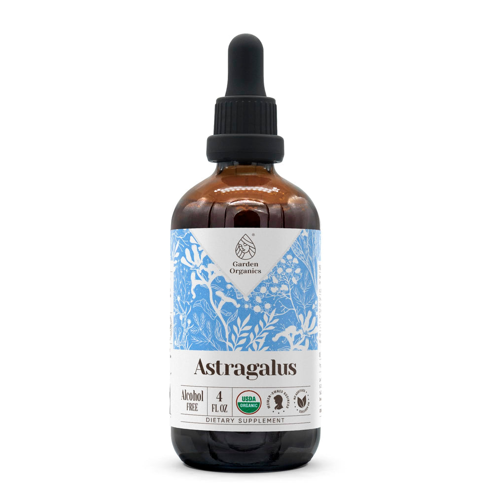 Garden Organics Astragalus bottle front shows a pure organic tincture for immune support