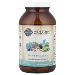 Garden of Life Organics Men’s Multi 40+ bottle pour illustrating convenient dosing