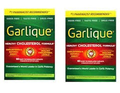Garlique cholesterol-friendly routine depicted alongside healthy meals and activity visuals.