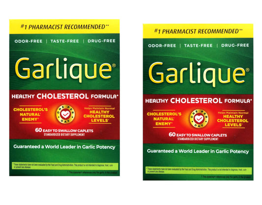 Garlique healthy-cholesterol-caplets on bottle for daily cardiovascular wellness.
