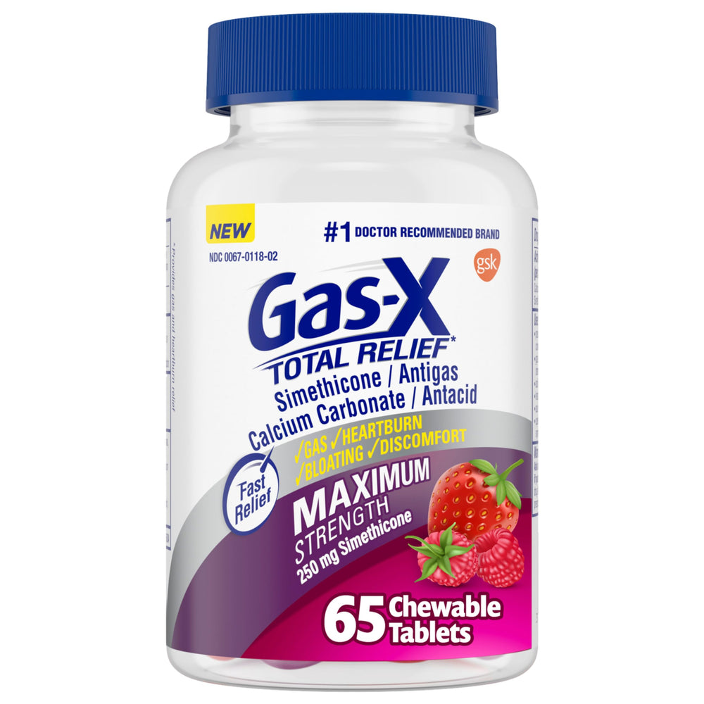 Gas-X Total Relief chewables package front with mixed berry flavor for fast gas relief.