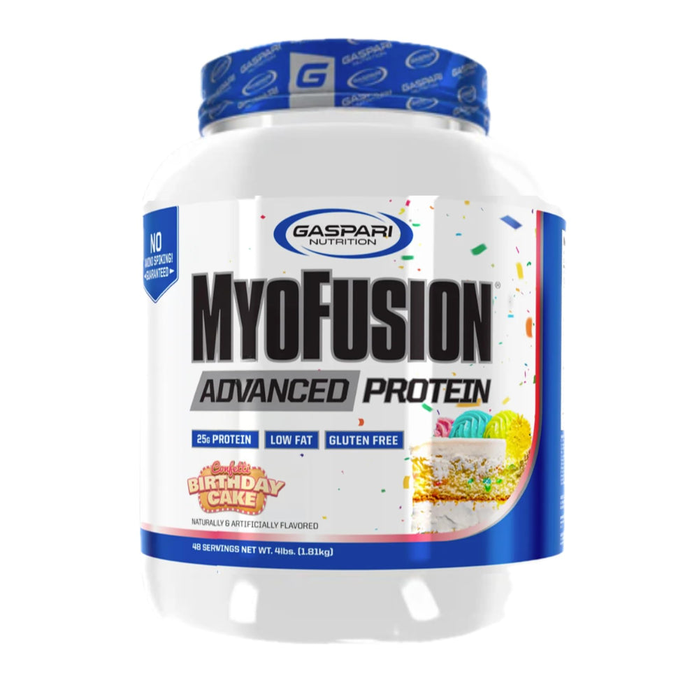 Gaspari Myofusion Advanced Birthday Cake bottle for post-workout recovery and great taste.