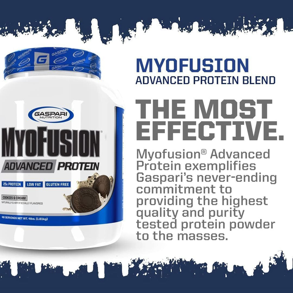 Gaspari Myofusion Advanced bottle pour close-up shows smooth mixability.