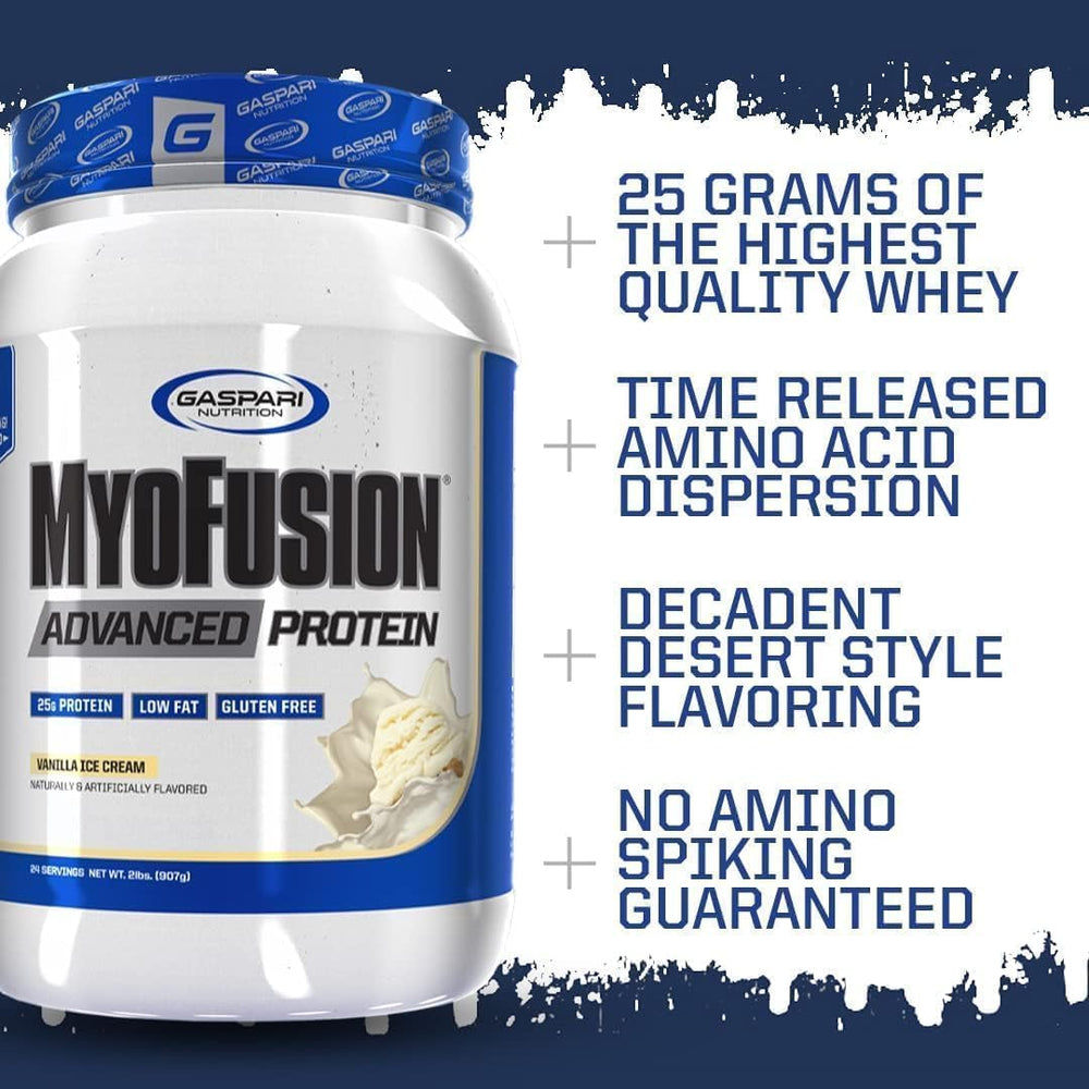 Gaspari Myofusion Advanced nutrition panel close-up with high-quality protein matrix.