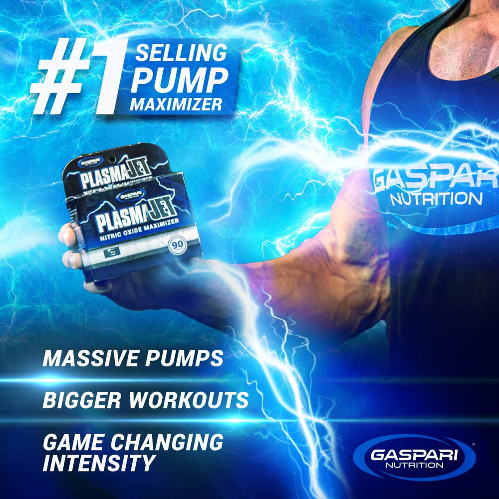 Gaspari Plasmajet scoop dispensing powder ready for pre-workout mix.