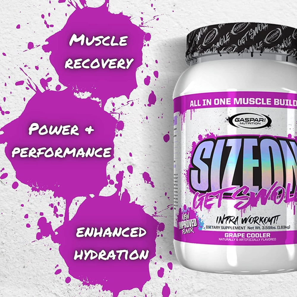 Gaspari SizeOn grape cooler glass with mixed powder for hydration during training
