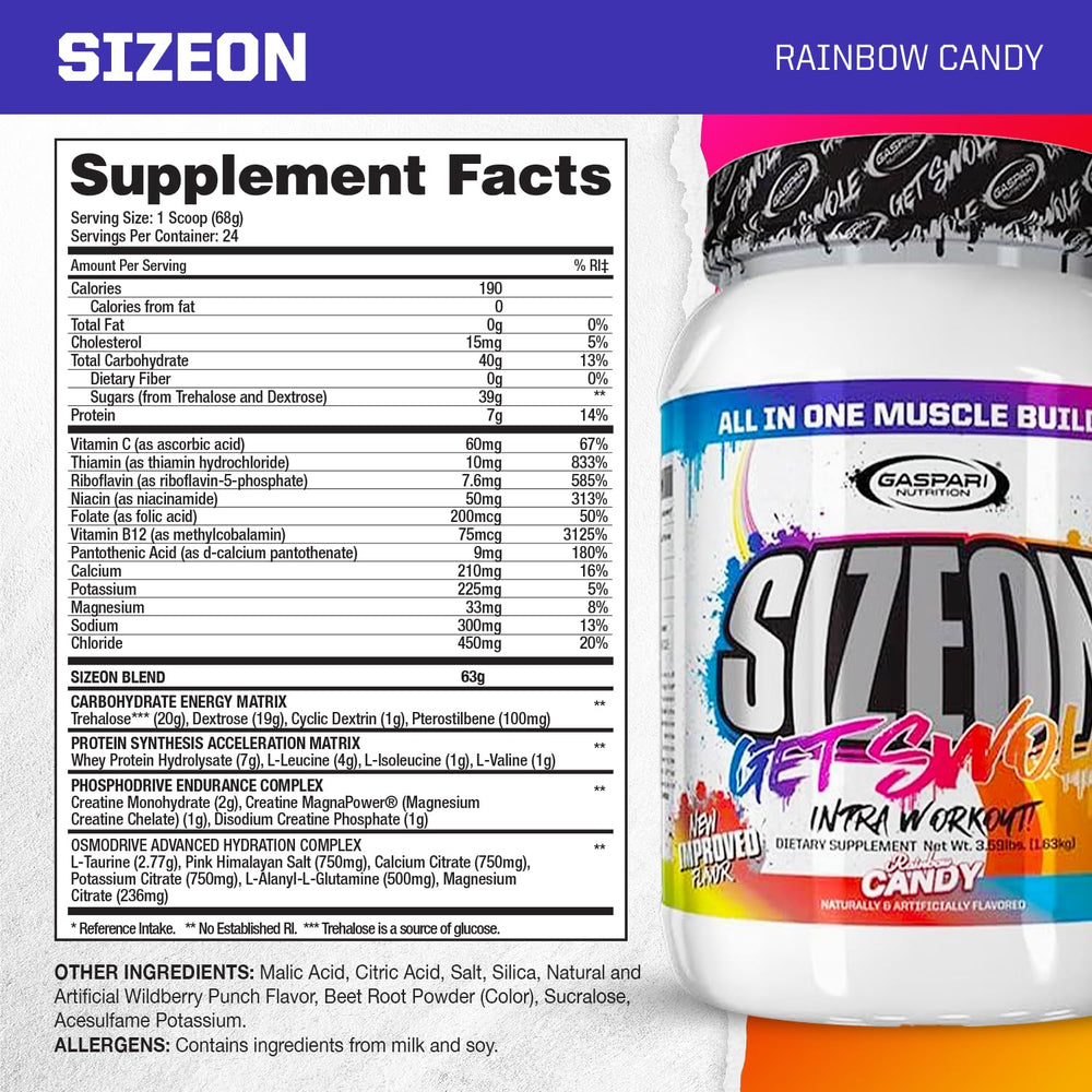 Gaspari SizeOn Rainbow Candy scoop ready to mix for post-workout recovery.
