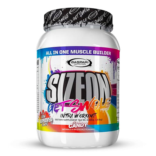 Gaspari SizeOn Rainbow Candy tub showing packaging for intra-workout support.
