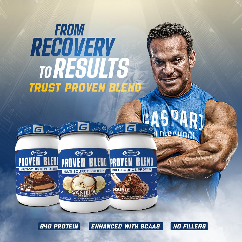 Gaspari Proven Blend vanilla serving cup for convenient daily nutrition.