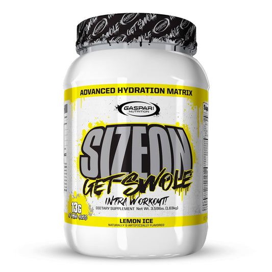 Gaspari SizeOn bottle pour for convenient intra-workout support and taste-friendly Lemon Ice.