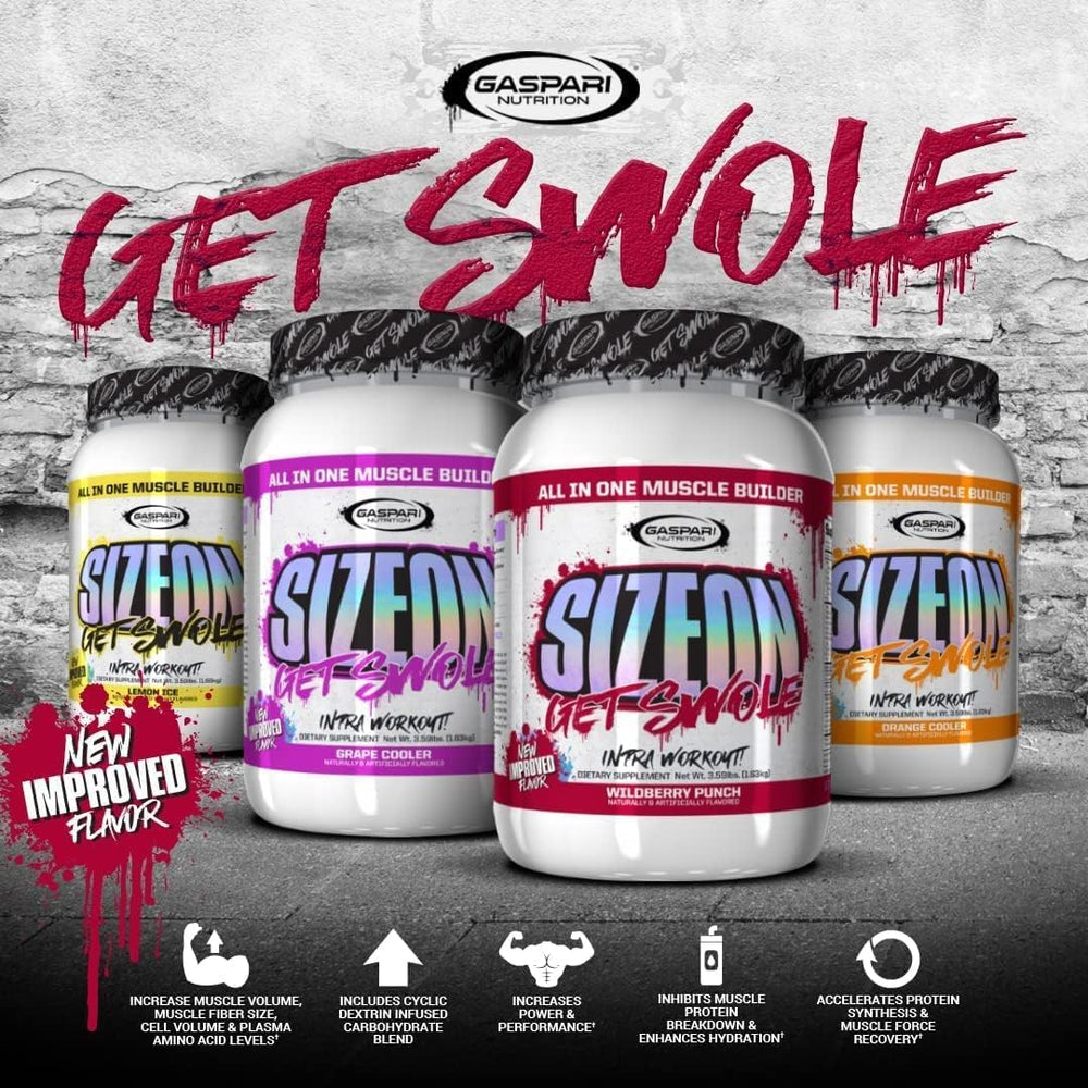 Gaspari SizeOn muscle-fiber visual suggests potential recovery and size support.