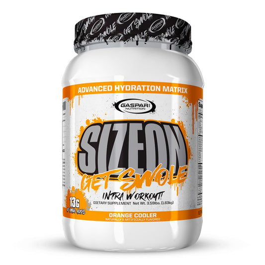 Gaspari SizeOn orange cooler tub front shows intraworkout branding and flavor focus.