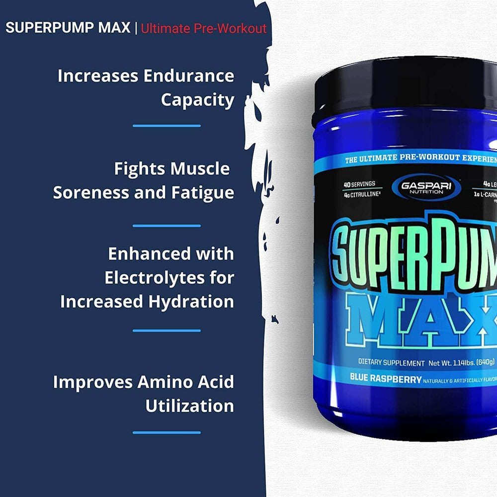 Gaspari SuperPump Max bottle on gym counter illustrates convenient pre-workout use.