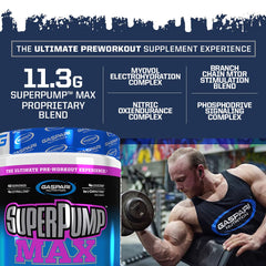 Gaspari SuperPump Max mixer glass image suggests fast dissolving powder and quick start.