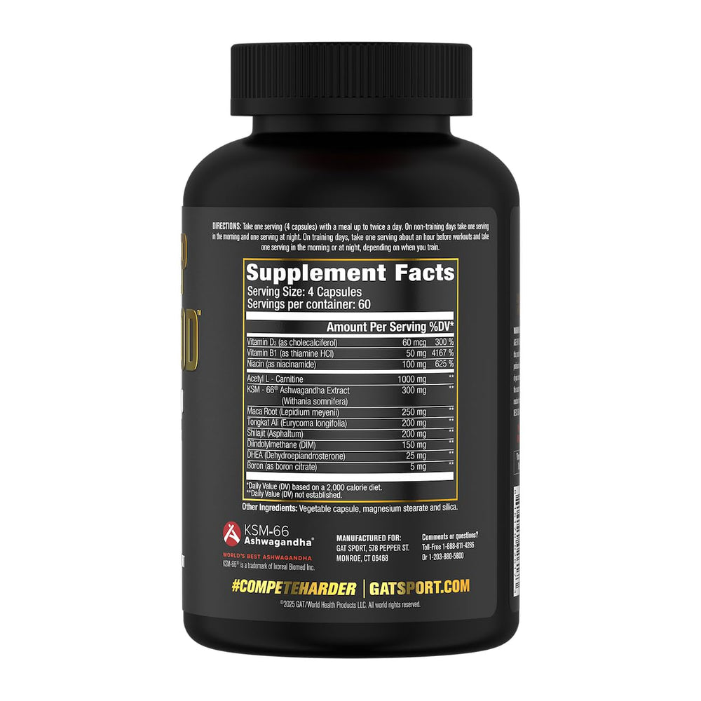 Box and bottle of GAT SPORT Deep Wood emphasizing stimulant-free formulation and quality controls