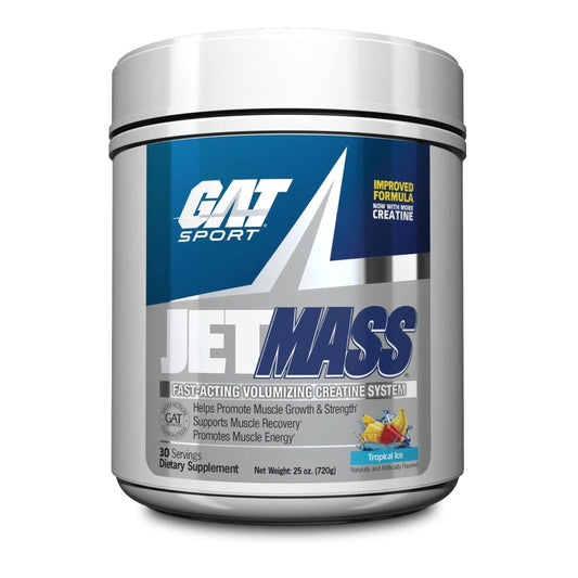 GAT SPORT JetMass Tropical Ice bottle pour shows quick-acting creatine for workouts.