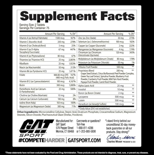 Close-up of GAT SPORT Men's Multi + Test label highlighting premium vitamin blend