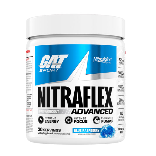 GAT SPORT Nitraflex blue raspberry powder bottle for pre-workout energy