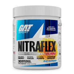 GAT SPORT Nitraflex Burn blue raspberry powder canister for easy pre-workout energy
