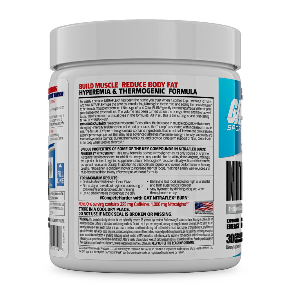 GAT SPORT Nitraflex Burn label closeup highlights ingredients and clean formula